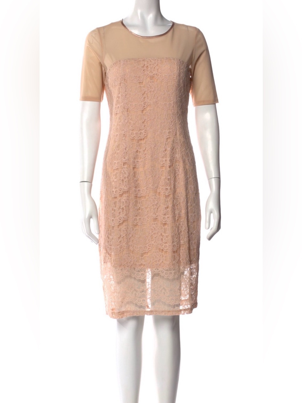 Neiman Marcus Blush Lace Overlay Crewneck Dress